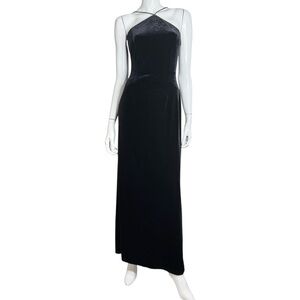 Betsy & Adam Elegant Black Embroidered Halter Velvet Mermaid Maxi Dress
